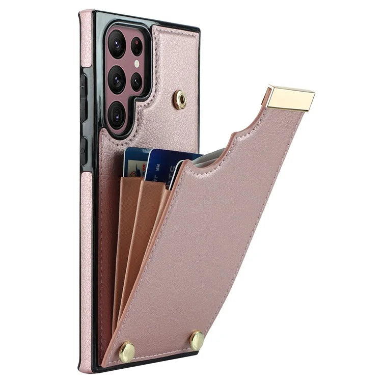 For Samsung Galaxy S22 Ultra 5G Cover Card Slots TPU+PU Leather Cell Phone Case with Metal Decor