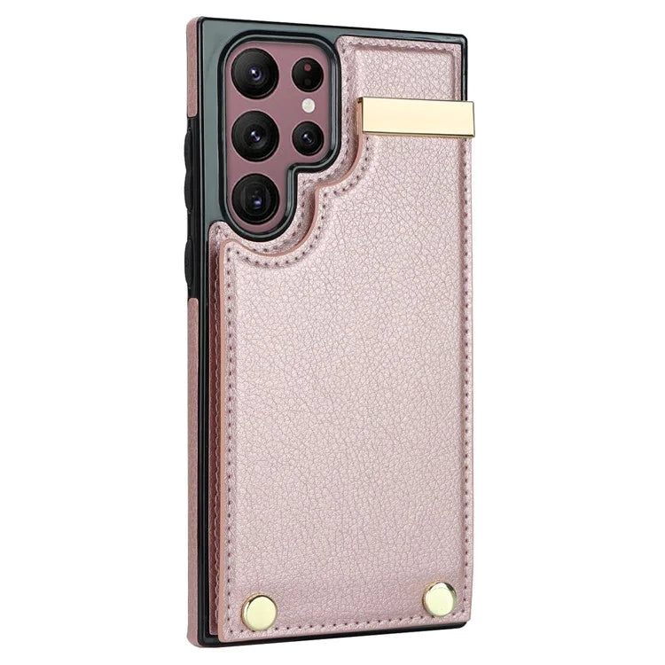 For Samsung Galaxy S22 Ultra 5G Cover Card Slots TPU+PU Leather Cell Phone Case with Metal Decor