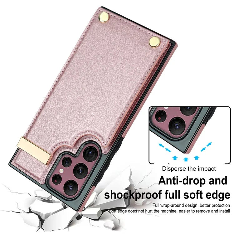 For Samsung Galaxy S22 Ultra 5G Cover Card Slots TPU+PU Leather Cell Phone Case with Metal Decor