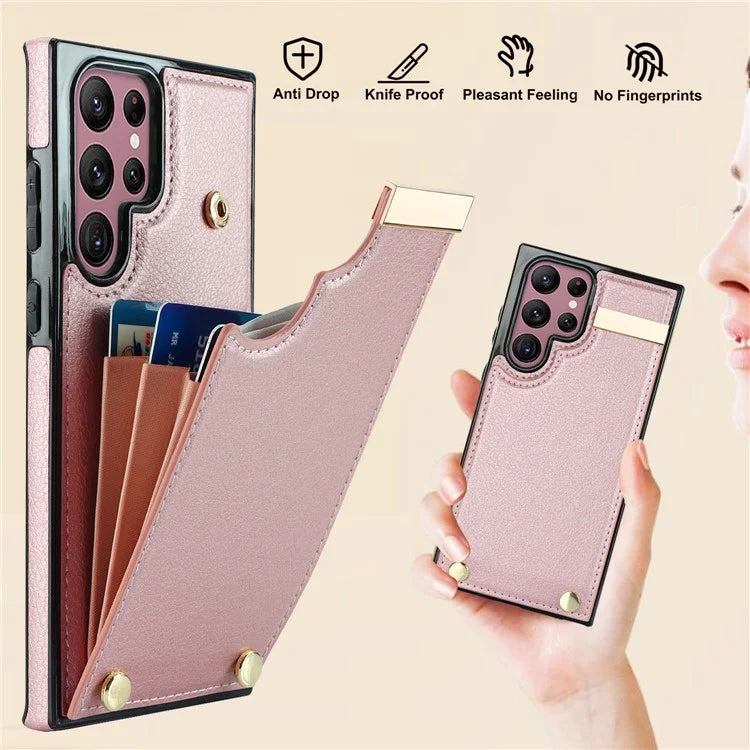 For Samsung Galaxy S22 Ultra 5G Cover Card Slots TPU+PU Leather Cell Phone Case with Metal Decor