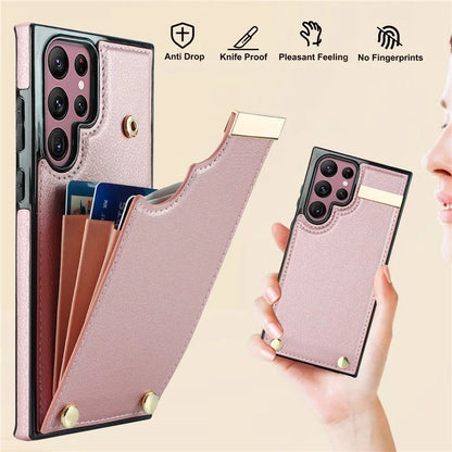 For Samsung Galaxy S22 Ultra 5G Cover Card Slots TPU+PU Leather Cell Phone Case with Metal Decor
