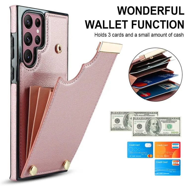 For Samsung Galaxy S22 Ultra 5G Cover Card Slots TPU+PU Leather Cell Phone Case with Metal Decor