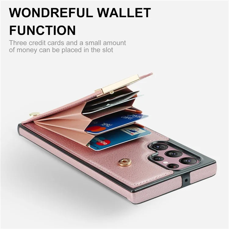 For Samsung Galaxy S22 Ultra 5G Cover Card Slots TPU+PU Leather Cell Phone Case with Metal Decor