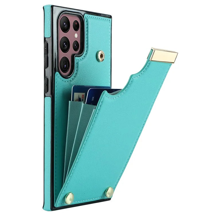 For Samsung Galaxy S22 Ultra 5G Cover Card Slots TPU+PU Leather Cell Phone Case with Metal Decor