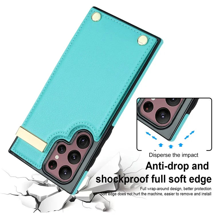 For Samsung Galaxy S22 Ultra 5G Cover Card Slots TPU+PU Leather Cell Phone Case with Metal Decor