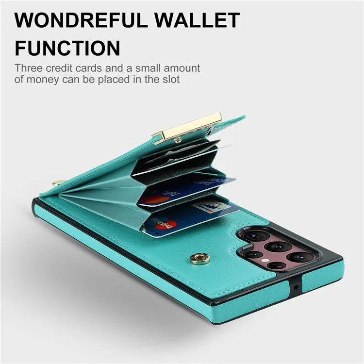 For Samsung Galaxy S22 Ultra 5G Cover Card Slots TPU+PU Leather Cell Phone Case with Metal Decor