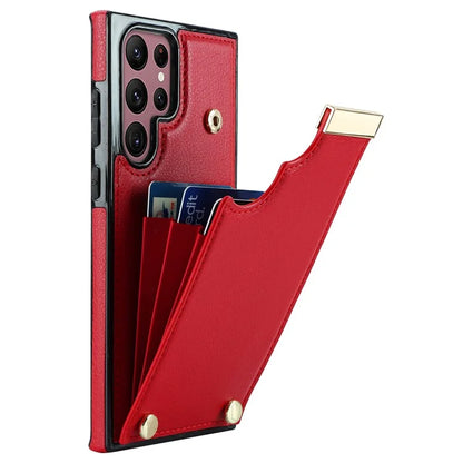 For Samsung Galaxy S22 Ultra 5G Cover Card Slots TPU+PU Leather Cell Phone Case with Metal Decor