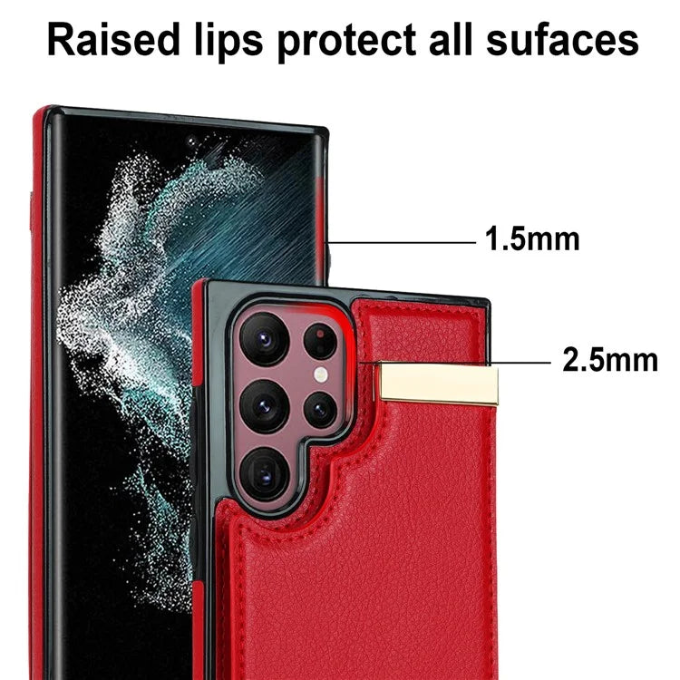 For Samsung Galaxy S22 Ultra 5G Cover Card Slots TPU+PU Leather Cell Phone Case with Metal Decor