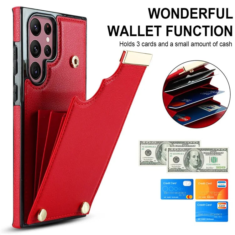 For Samsung Galaxy S22 Ultra 5G Cover Card Slots TPU+PU Leather Cell Phone Case with Metal Decor
