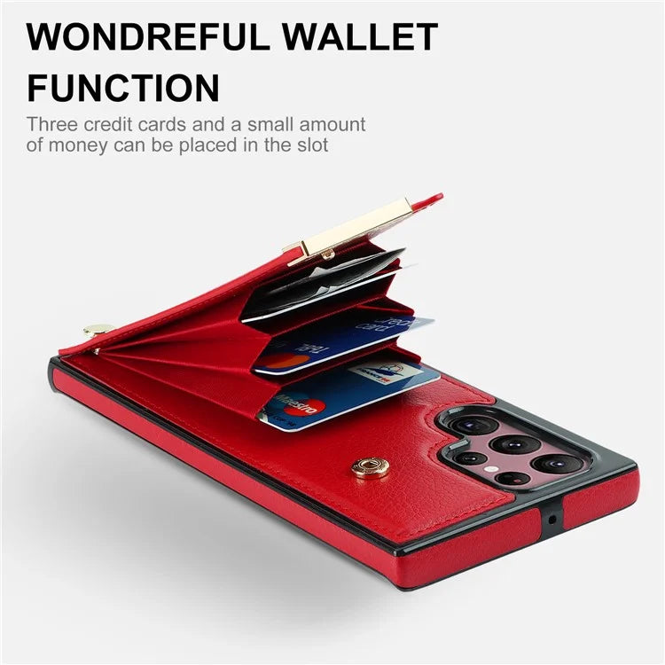 For Samsung Galaxy S22 Ultra 5G Cover Card Slots TPU+PU Leather Cell Phone Case with Metal Decor