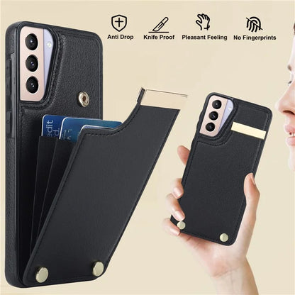 For Samsung Galaxy S21 5G / S21 4G Case Card Bag TPU+Leather Phone Back Cover with Metal Decor