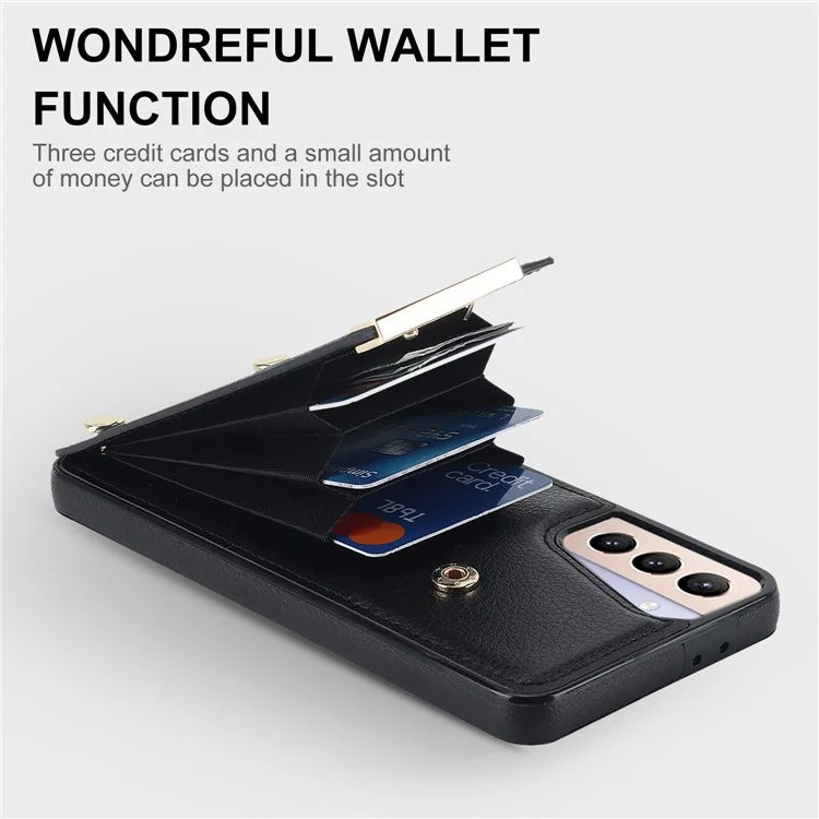 For Samsung Galaxy S21 5G / S21 4G Case Card Bag TPU+Leather Phone Back Cover with Metal Decor