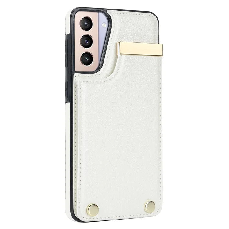For Samsung Galaxy S21 5G / S21 4G Case Card Bag TPU+Leather Phone Back Cover with Metal Decor