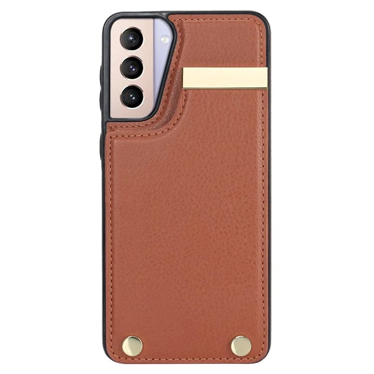For Samsung Galaxy S21 5G / S21 4G Case Card Bag TPU+Leather Phone Back Cover with Metal Decor