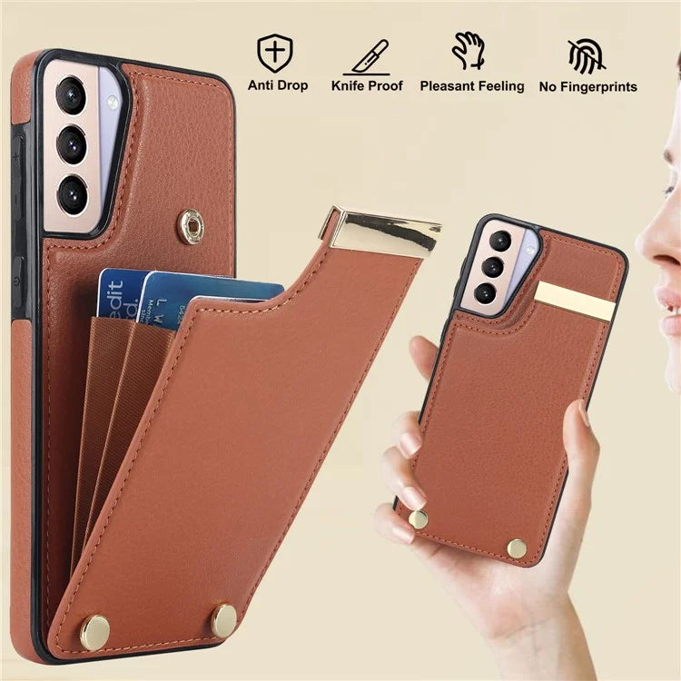 For Samsung Galaxy S21 5G / S21 4G Case Card Bag TPU+Leather Phone Back Cover with Metal Decor