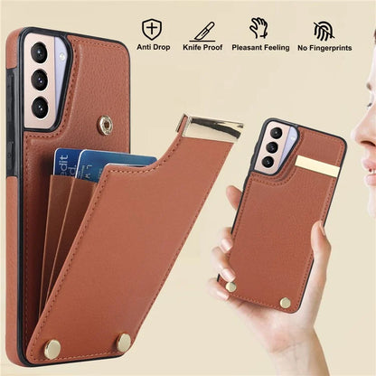 For Samsung Galaxy S21 5G / S21 4G Case Card Bag TPU+Leather Phone Back Cover with Metal Decor