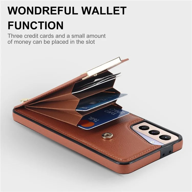 For Samsung Galaxy S21 5G / S21 4G Case Card Bag TPU+Leather Phone Back Cover with Metal Decor