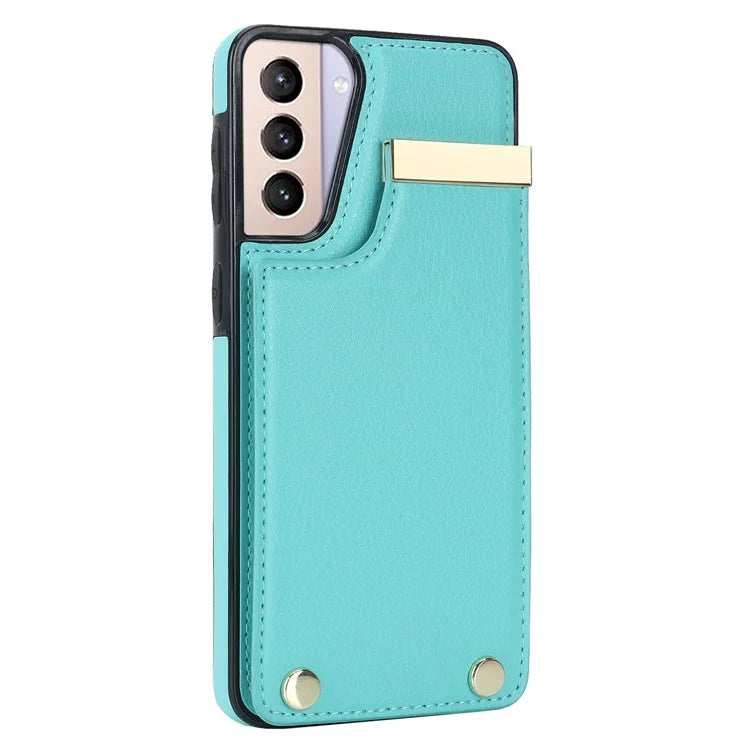 For Samsung Galaxy S21 5G / S21 4G Case Card Bag TPU+Leather Phone Back Cover with Metal Decor