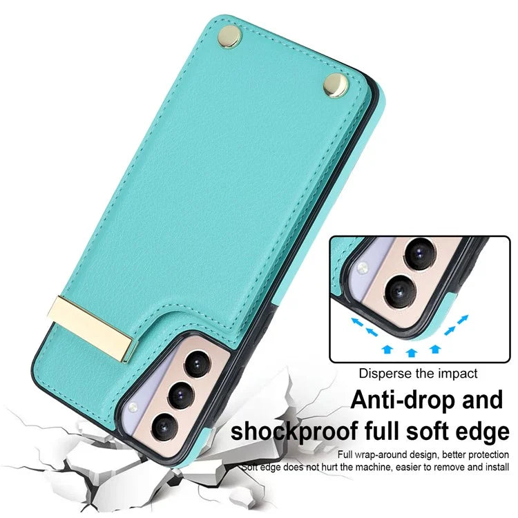 For Samsung Galaxy S21 5G / S21 4G Case Card Bag TPU+Leather Phone Back Cover with Metal Decor