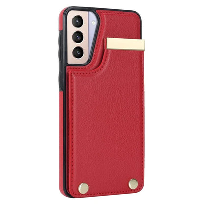 For Samsung Galaxy S21 5G / S21 4G Case Card Bag TPU+Leather Phone Back Cover with Metal Decor