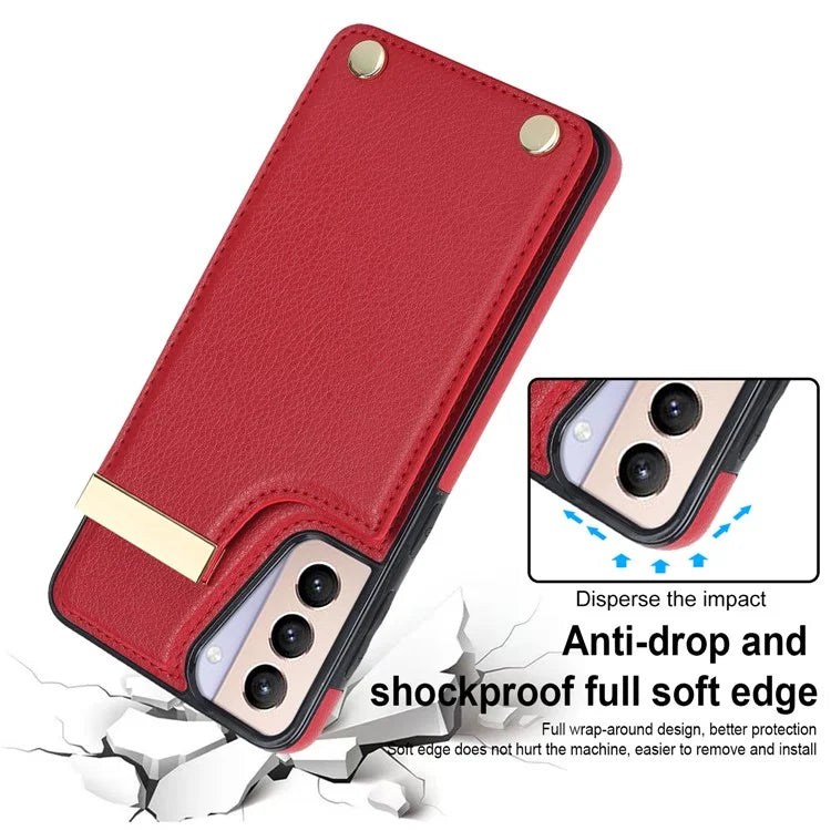 For Samsung Galaxy S21 5G / S21 4G Case Card Bag TPU+Leather Phone Back Cover with Metal Decor