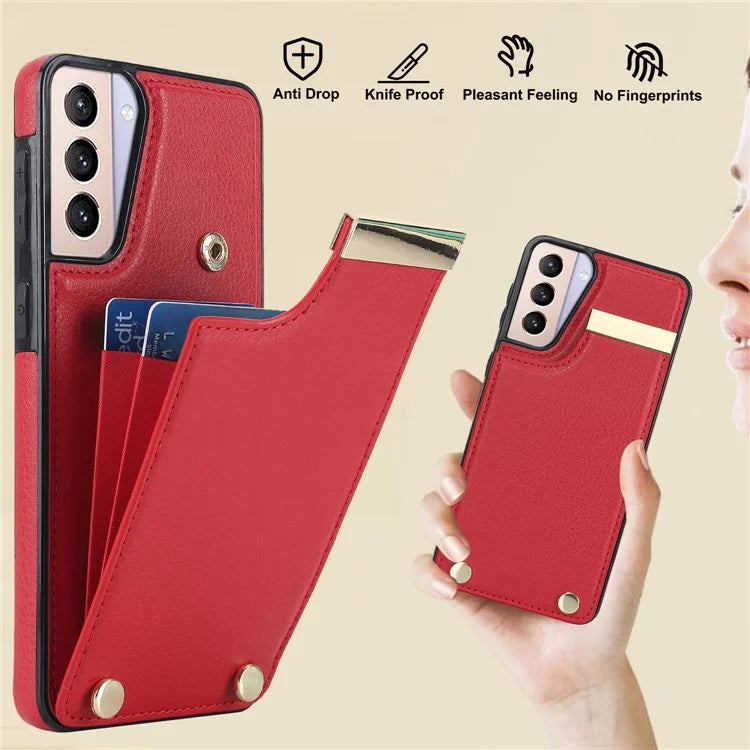 For Samsung Galaxy S21 5G / S21 4G Case Card Bag TPU+Leather Phone Back Cover with Metal Decor
