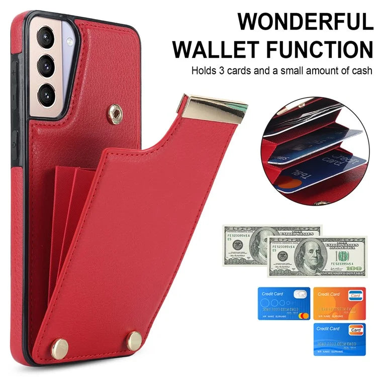 For Samsung Galaxy S21 5G / S21 4G Case Card Bag TPU+Leather Phone Back Cover with Metal Decor