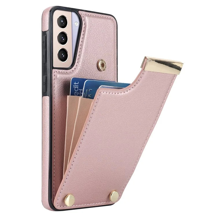 For Samsung Galaxy S21 5G / S21 4G Case Card Bag TPU+Leather Phone Back Cover with Metal Decor
