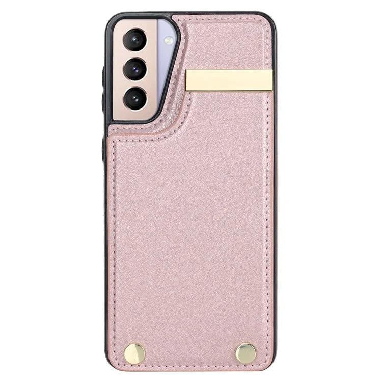 For Samsung Galaxy S21 5G / S21 4G Case Card Bag TPU+Leather Phone Back Cover with Metal Decor