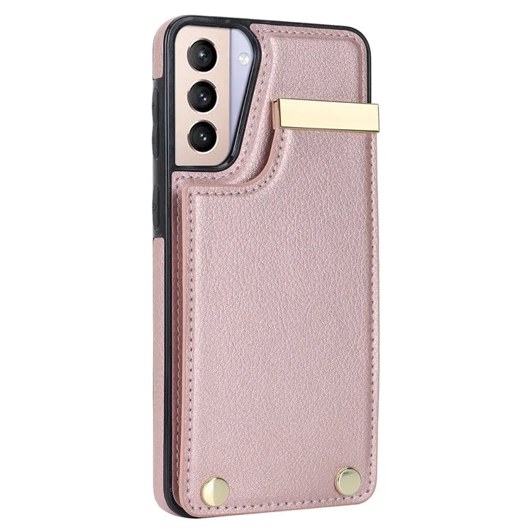 For Samsung Galaxy S21 5G / S21 4G Case Card Bag TPU+Leather Phone Back Cover with Metal Decor