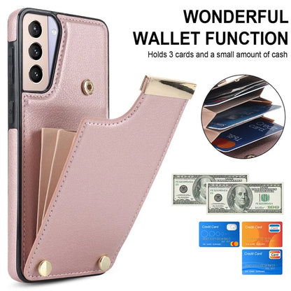For Samsung Galaxy S21 5G / S21 4G Case Card Bag TPU+Leather Phone Back Cover with Metal Decor