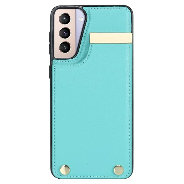 For Samsung Galaxy S21+ 5G Cover Metal Decor TPU+Leather Card Holder Anti-scratch Cell Phone Case