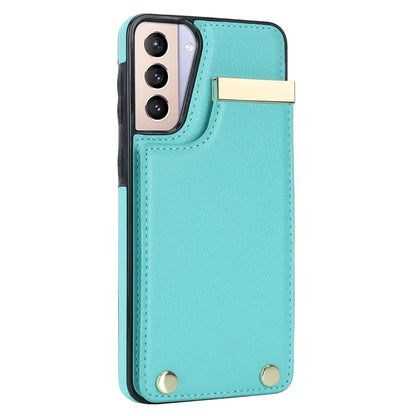 For Samsung Galaxy S21+ 5G Cover Metal Decor TPU+Leather Card Holder Anti-scratch Cell Phone Case