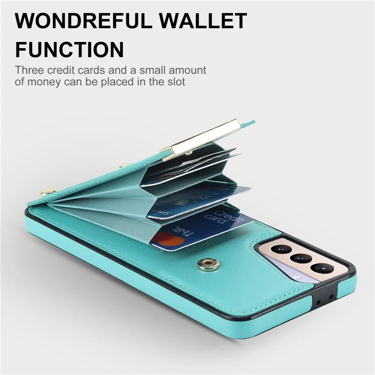 For Samsung Galaxy S21+ 5G Cover Metal Decor TPU+Leather Card Holder Anti-scratch Cell Phone Case