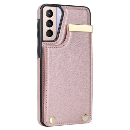 For Samsung Galaxy S21+ 5G Cover Metal Decor TPU+Leather Card Holder Anti-scratch Cell Phone Case