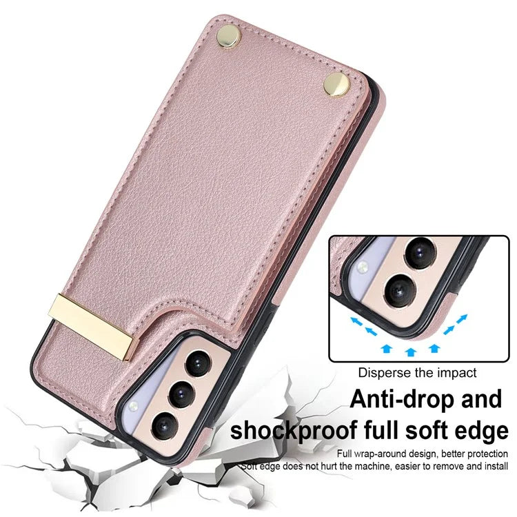 For Samsung Galaxy S21+ 5G Cover Metal Decor TPU+Leather Card Holder Anti-scratch Cell Phone Case