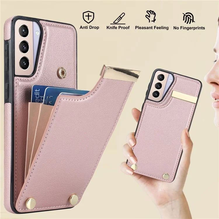 For Samsung Galaxy S21+ 5G Cover Metal Decor TPU+Leather Card Holder Anti-scratch Cell Phone Case