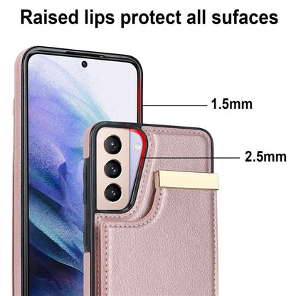 For Samsung Galaxy S21+ 5G Cover Metal Decor TPU+Leather Card Holder Anti-scratch Cell Phone Case