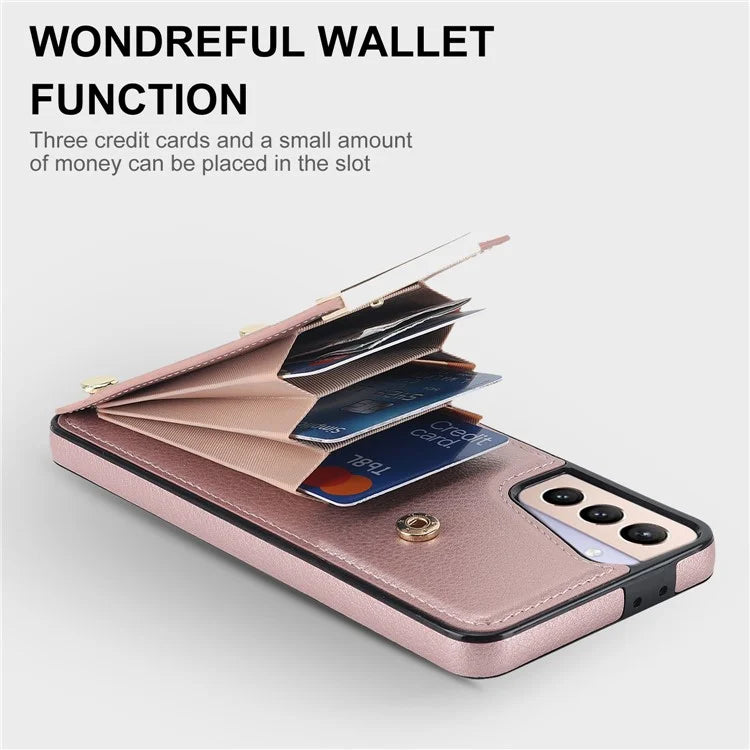 For Samsung Galaxy S21+ 5G Cover Metal Decor TPU+Leather Card Holder Anti-scratch Cell Phone Case