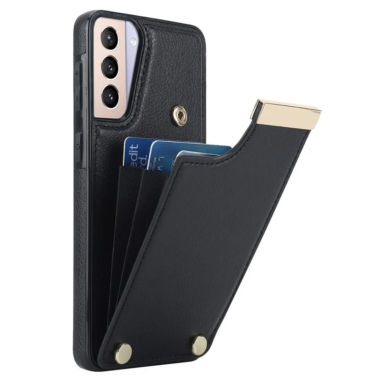 For Samsung Galaxy S21+ 5G Cover Metal Decor TPU+Leather Card Holder Anti-scratch Cell Phone Case