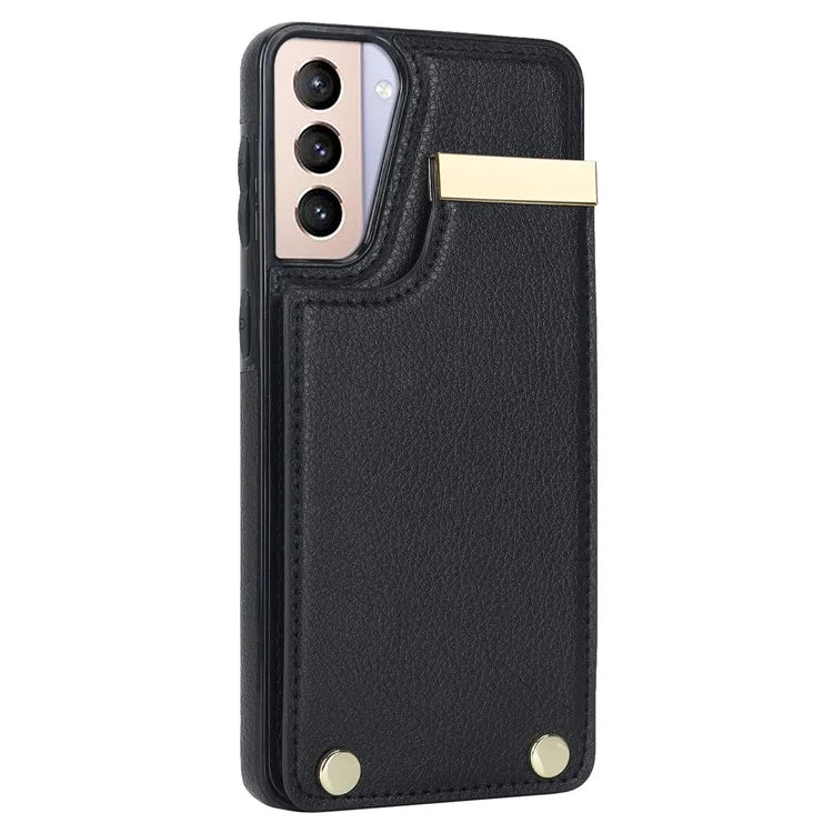 For Samsung Galaxy S21+ 5G Cover Metal Decor TPU+Leather Card Holder Anti-scratch Cell Phone Case