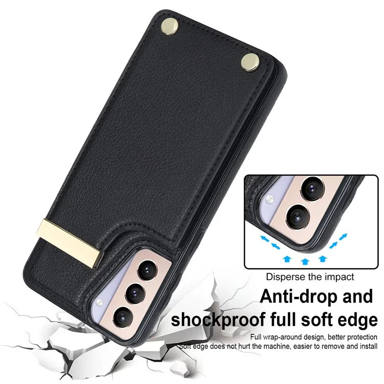 For Samsung Galaxy S21+ 5G Cover Metal Decor TPU+Leather Card Holder Anti-scratch Cell Phone Case
