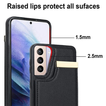 For Samsung Galaxy S21+ 5G Cover Metal Decor TPU+Leather Card Holder Anti-scratch Cell Phone Case