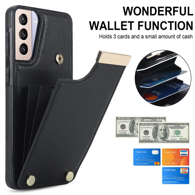 For Samsung Galaxy S21+ 5G Cover Metal Decor TPU+Leather Card Holder Anti-scratch Cell Phone Case