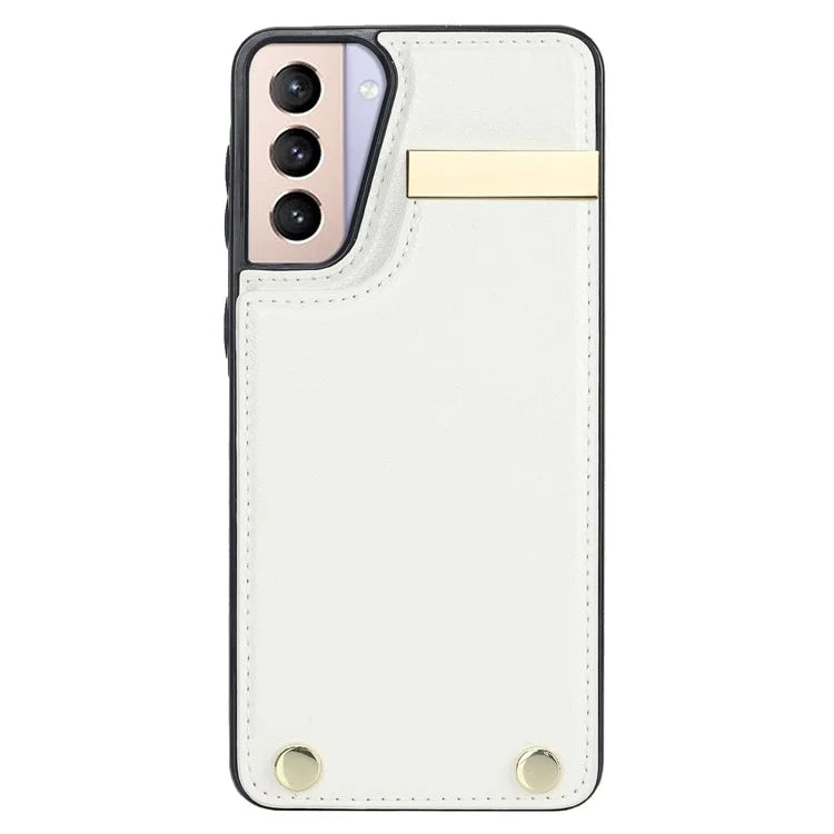 For Samsung Galaxy S21+ 5G Cover Metal Decor TPU+Leather Card Holder Anti-scratch Cell Phone Case