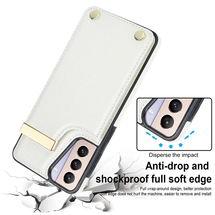 For Samsung Galaxy S21+ 5G Cover Metal Decor TPU+Leather Card Holder Anti-scratch Cell Phone Case