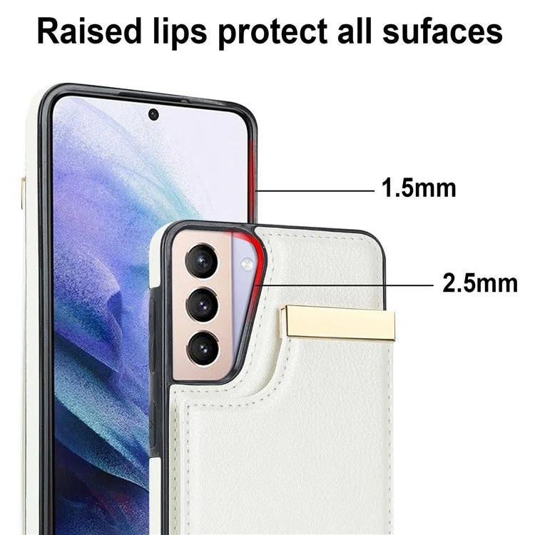 For Samsung Galaxy S21+ 5G Cover Metal Decor TPU+Leather Card Holder Anti-scratch Cell Phone Case