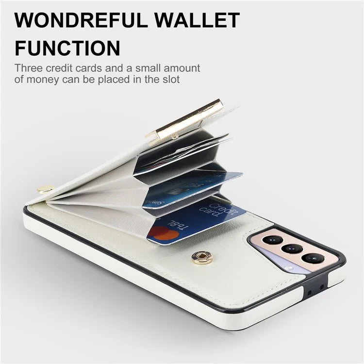 For Samsung Galaxy S21+ 5G Cover Metal Decor TPU+Leather Card Holder Anti-scratch Cell Phone Case