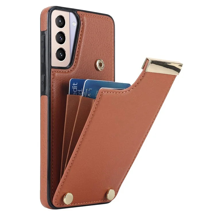 For Samsung Galaxy S21+ 5G Cover Metal Decor TPU+Leather Card Holder Anti-scratch Cell Phone Case