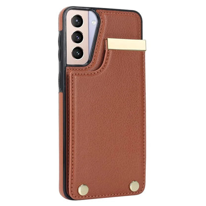 For Samsung Galaxy S21+ 5G Cover Metal Decor TPU+Leather Card Holder Anti-scratch Cell Phone Case